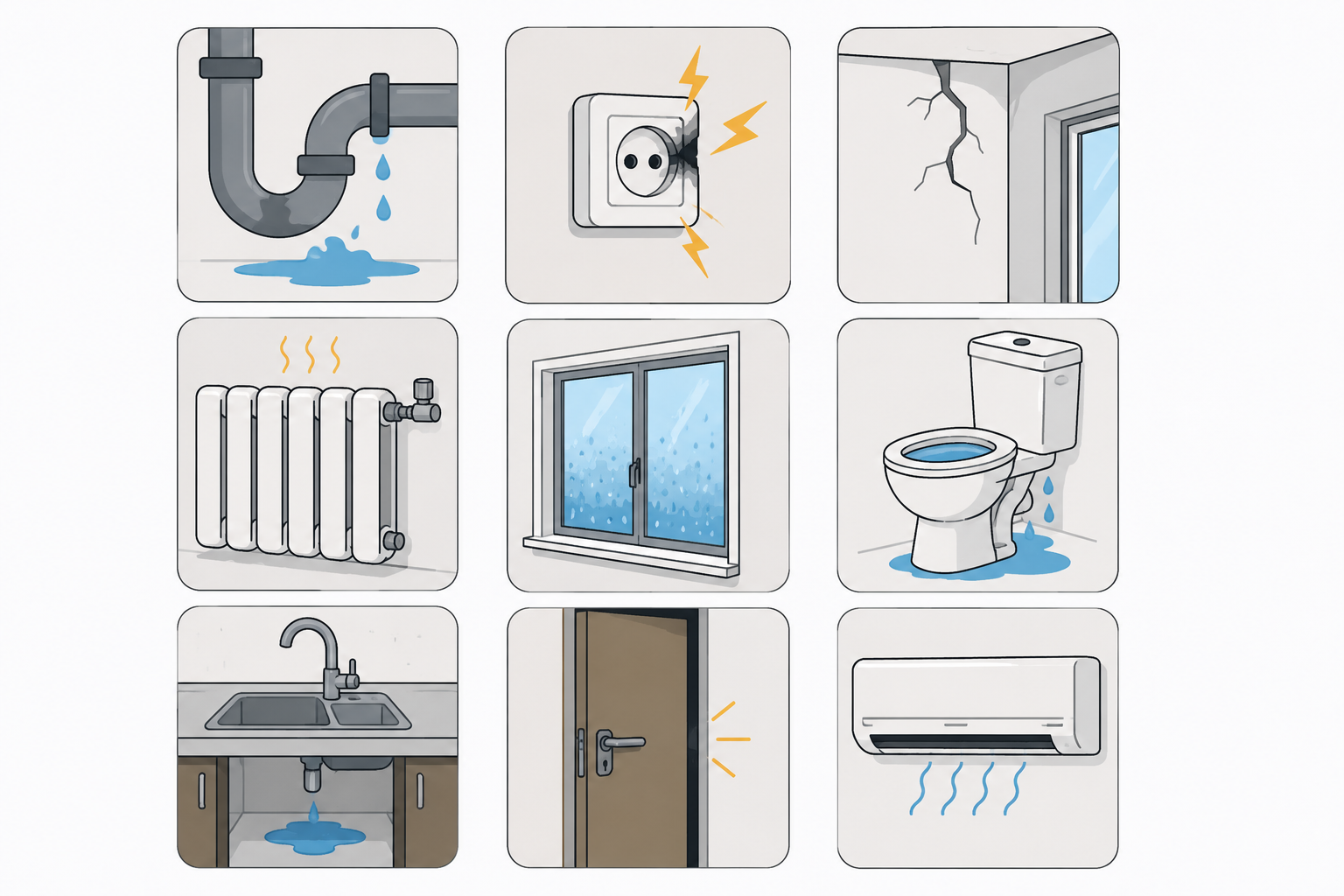 Illustration des problèmes techniques courants : plomberie, électricité, chauffage, vitrerie, etc.
